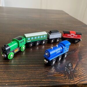BRIO Wooden Train Set Vintage Green Steam Engine Blue 4501 Locomotive 5pc Lot
